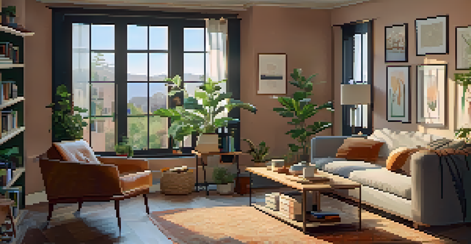 A warm and inviting living room in a rental property, featuring comfortable furniture and natural light coming through a large window.