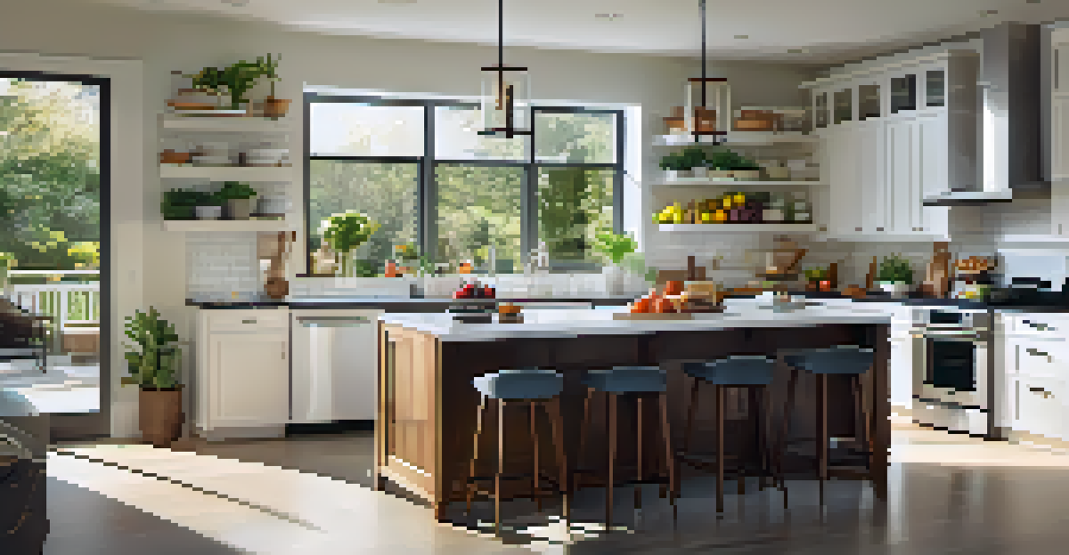 A contemporary kitchen bathed in morning light, featuring a spacious island and fresh fruit decor.