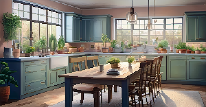 A warm and inviting kitchen with modern appliances and a rustic dining table, adorned with plants and pastel-colored walls.