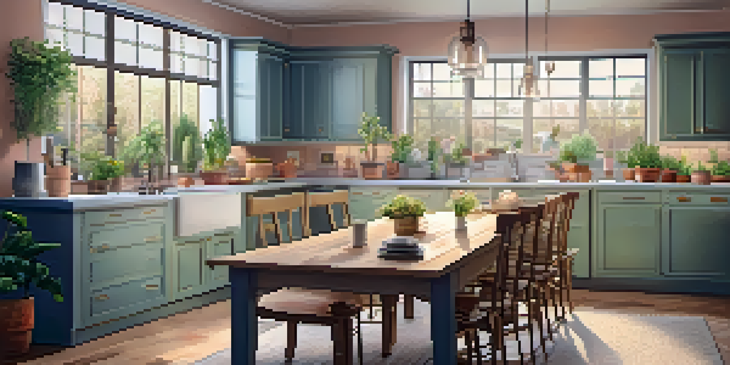 A warm and inviting kitchen with modern appliances and a rustic dining table, adorned with plants and pastel-colored walls.