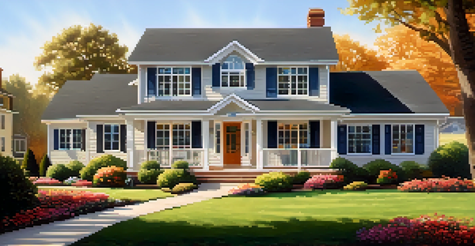 A charming suburban house with colorful flowers and a manicured lawn under a clear blue sky.