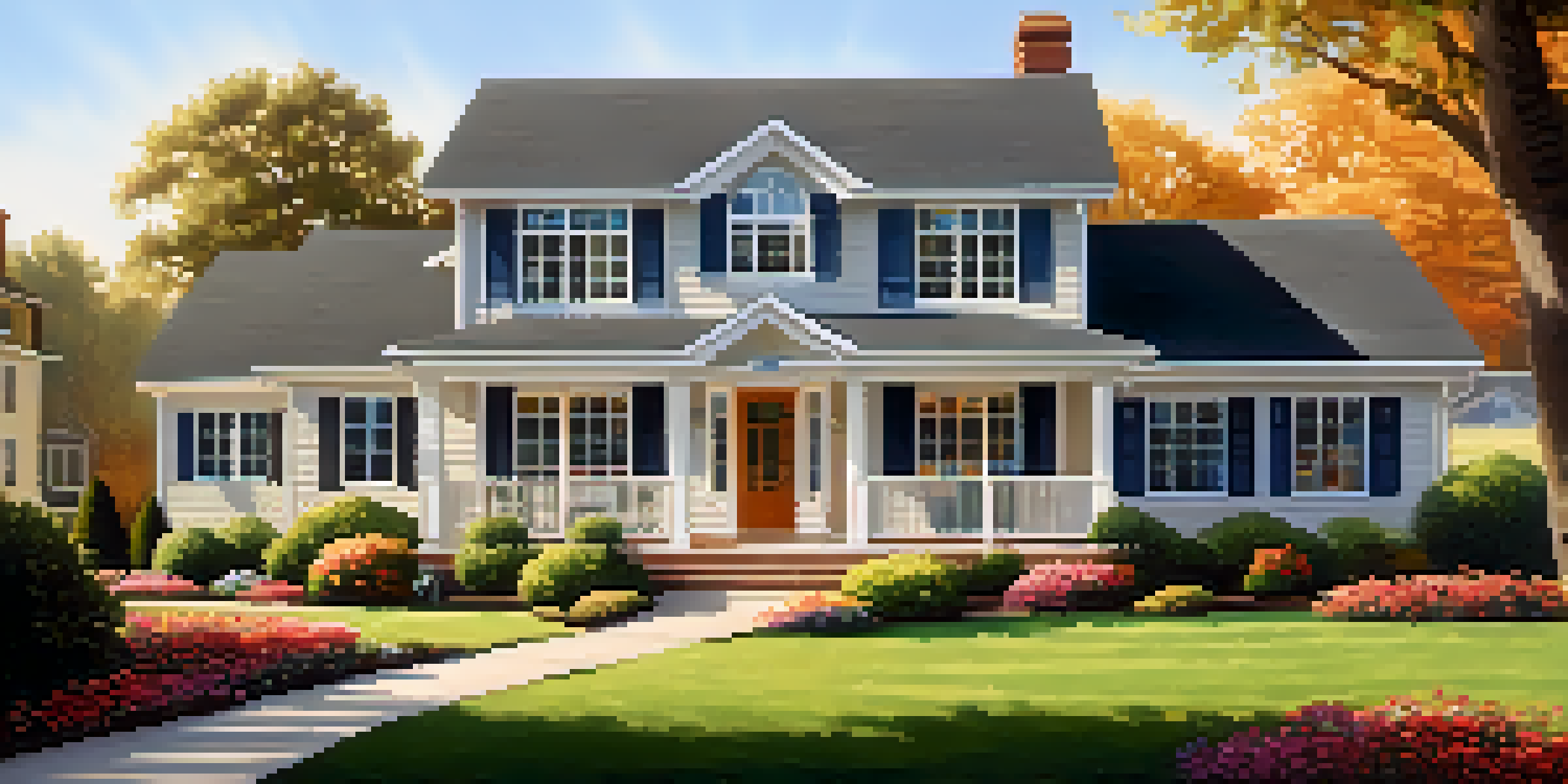 A charming suburban house with colorful flowers and a manicured lawn under a clear blue sky.