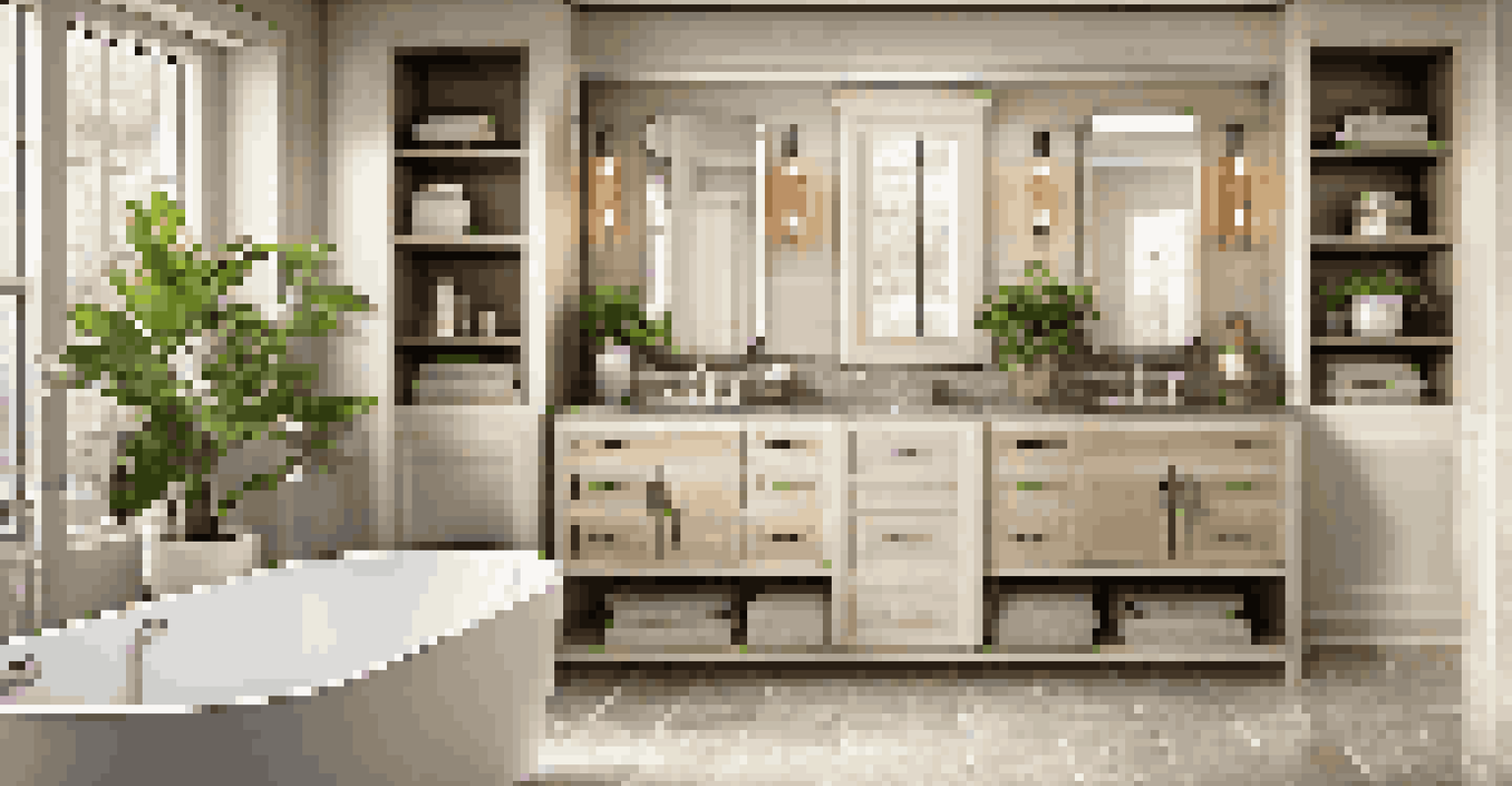 A luxurious bathroom with a freestanding tub, double vanity, and a walk-in shower, featuring soft lighting and natural elements.