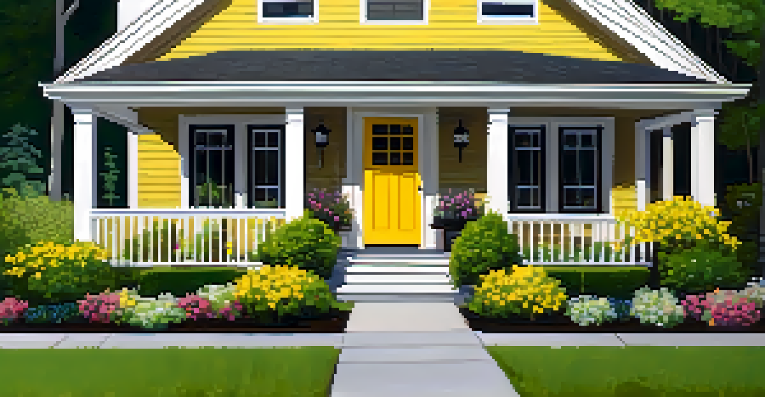 An inviting front yard with manicured landscaping, a cheerful yellow front door, and comfortable seating on the porch.
