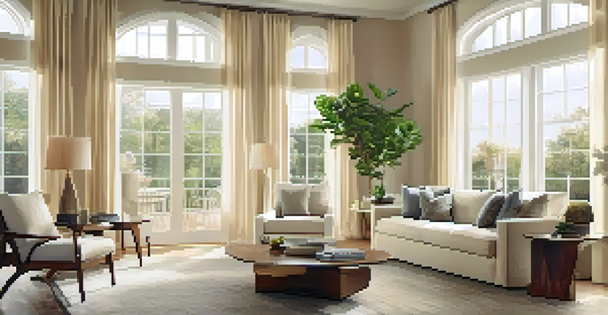 An open floor plan living room filled with sunlight from large windows, featuring light walls and hardwood floors, with a sofa and potted plants.