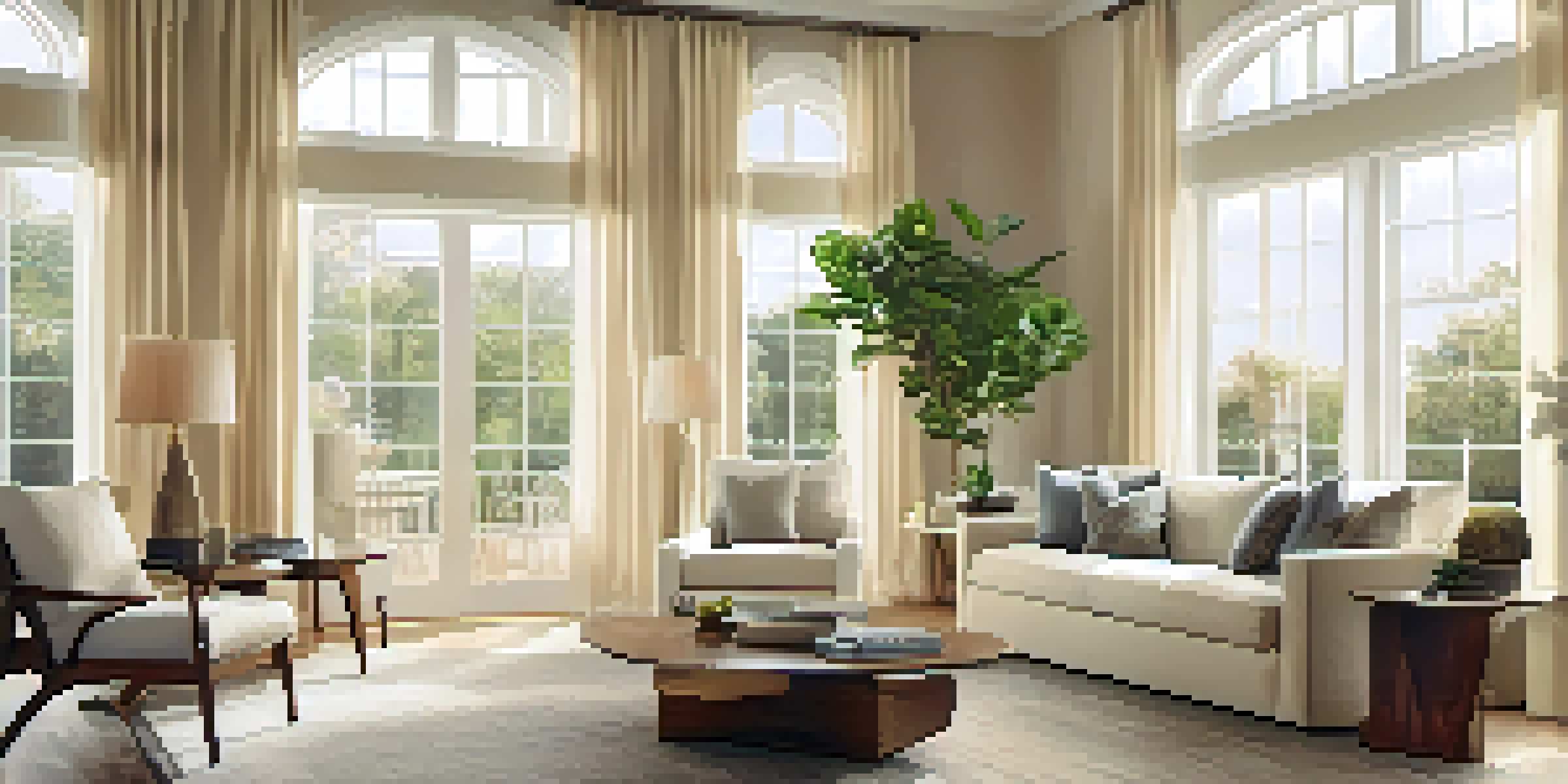 An open floor plan living room filled with sunlight from large windows, featuring light walls and hardwood floors, with a sofa and potted plants.