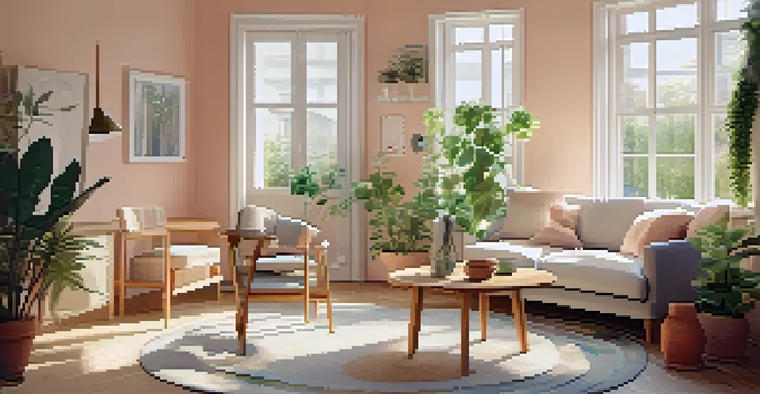 A bright and cozy small living room with movable furniture, including a foldable table and lightweight chairs. The room features soft pastel colors and potted plants, illuminated by natural light.