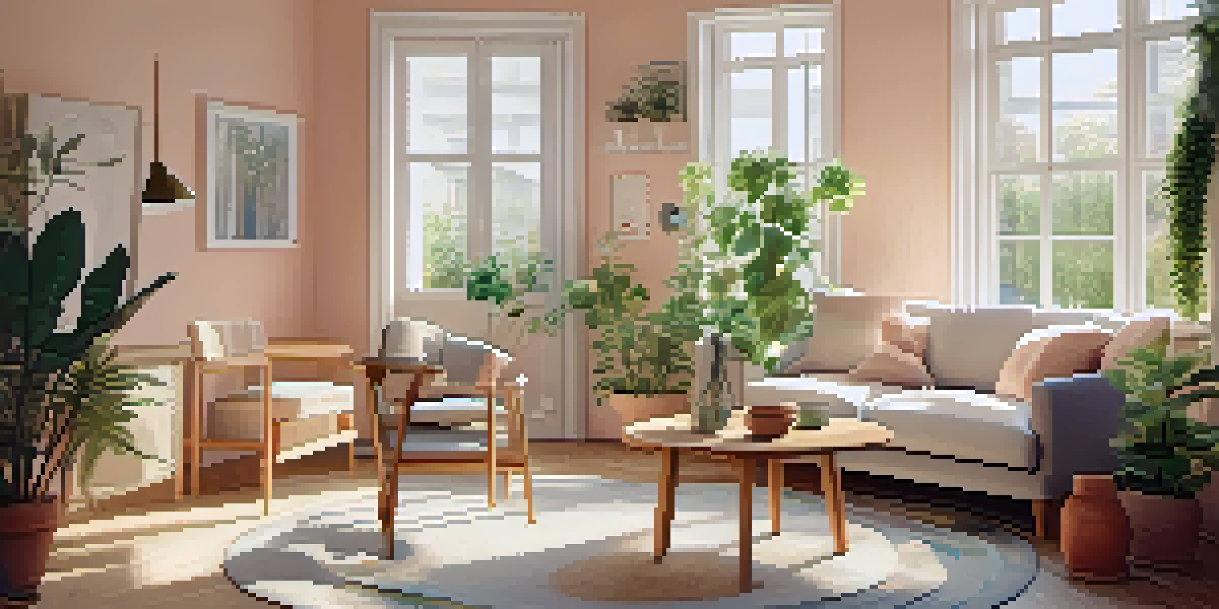 A bright and cozy small living room with movable furniture, including a foldable table and lightweight chairs. The room features soft pastel colors and potted plants, illuminated by natural light.
