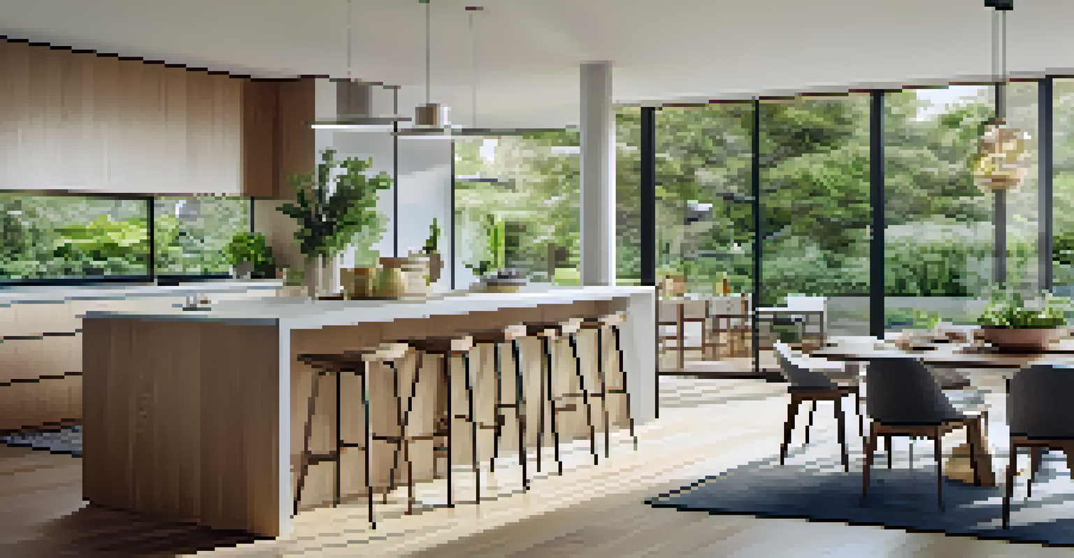 An open-concept kitchen and dining area filled with natural light from large windows, featuring modern cabinetry and a wooden dining table.