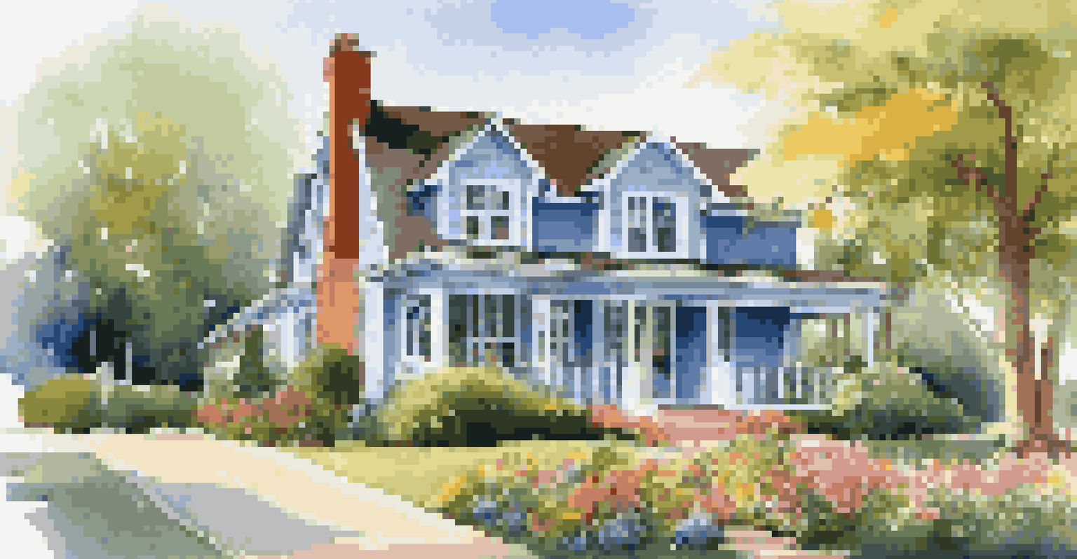 A charming suburban home with a garden, front porch swing, and colorful flowers under a clear blue sky.