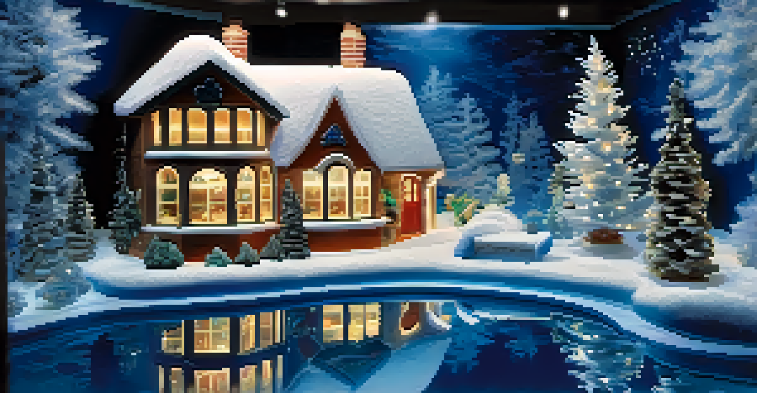 An aquarium designed as a winter wonderland with snowflakes, icicles, and winter scenes, illuminated by cool blue lighting.