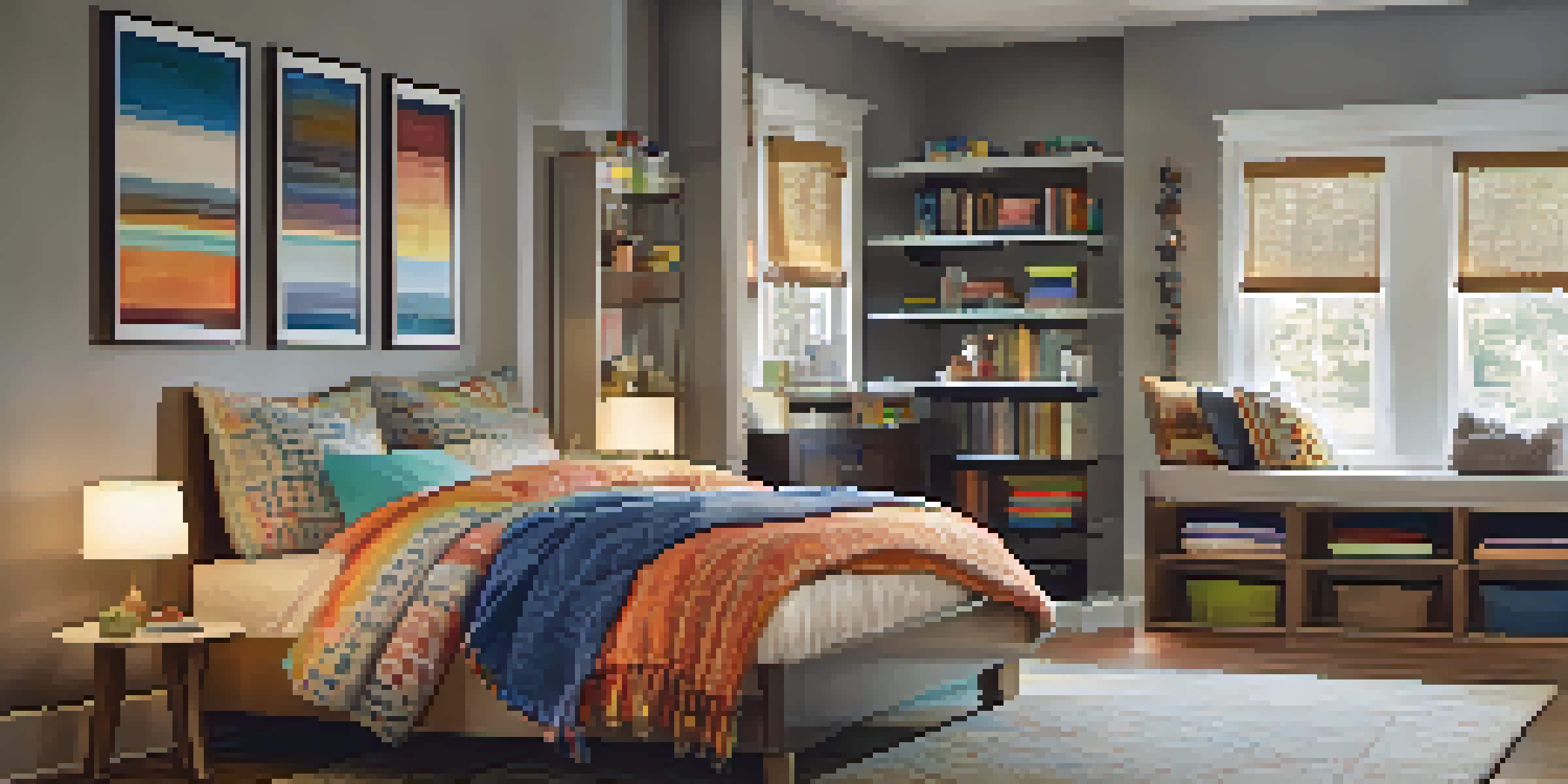 A cozy bedroom with clear storage bins under the bed filled with colorful linens and soft lighting.