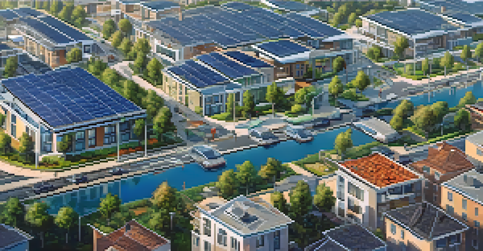 An aerial view of a smart city with solar panels, smart traffic systems, and green spaces, showing a mix of residential and commercial areas.
