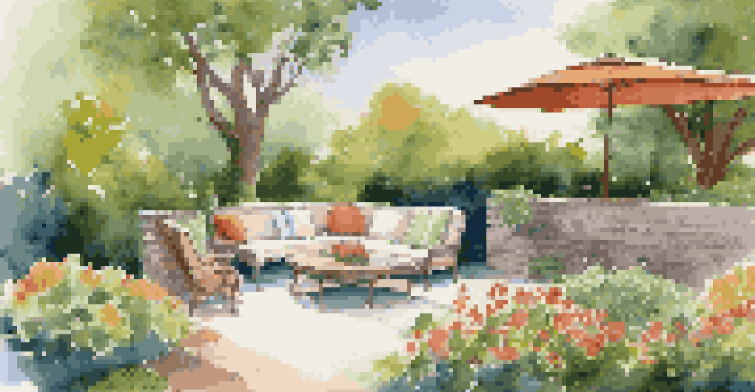 A serene backyard garden with colorful flowers, a seating area, and a clear blue sky.