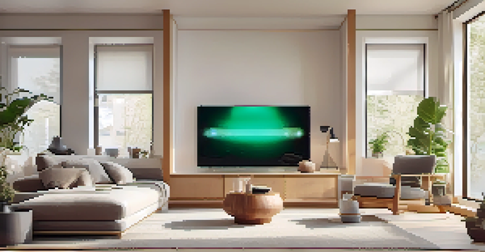 A modern living room showcasing smart home technology with devices like a thermostat and smart lighting, complemented by natural sunlight and indoor plants.