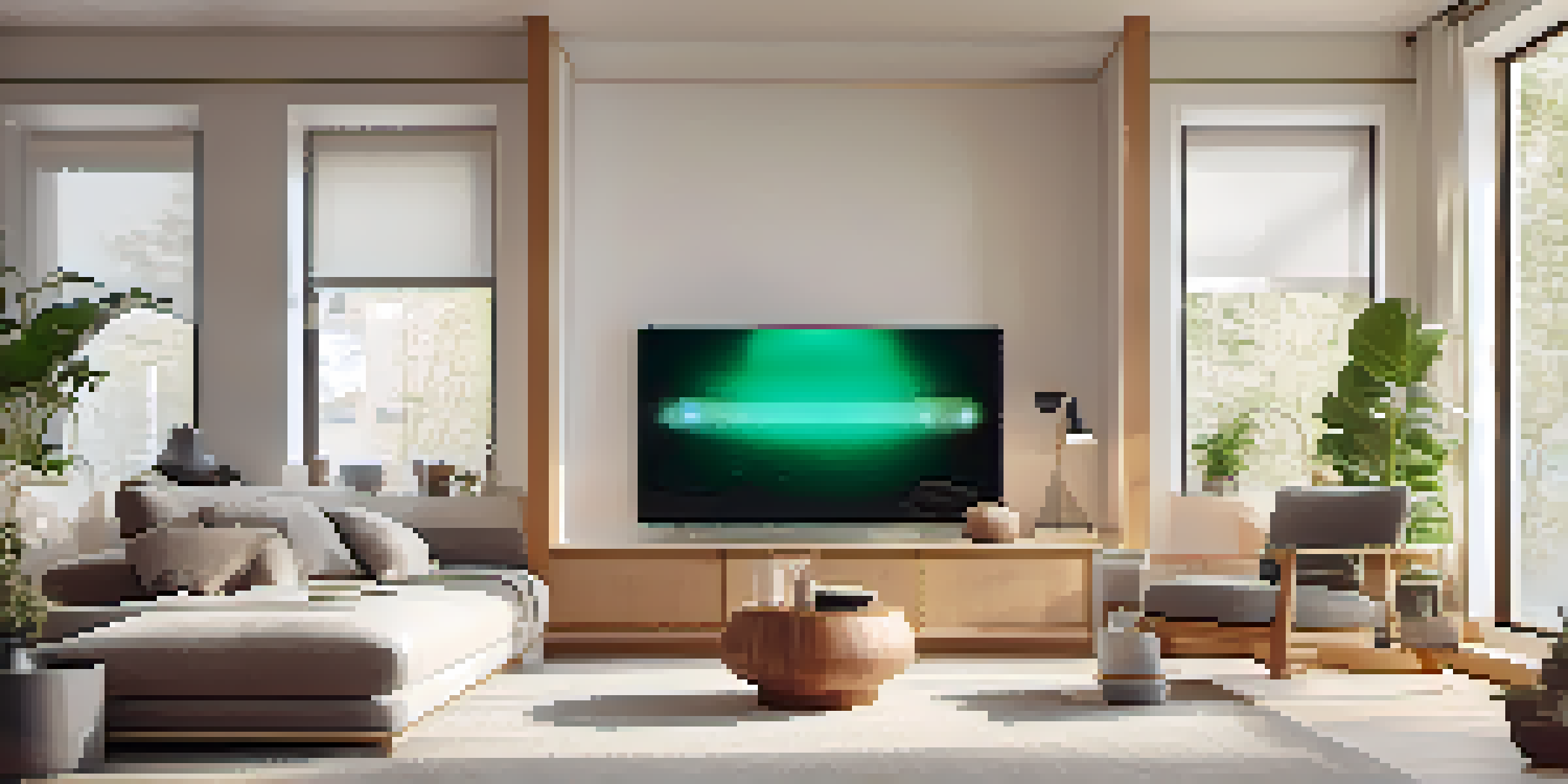 A modern living room showcasing smart home technology with devices like a thermostat and smart lighting, complemented by natural sunlight and indoor plants.