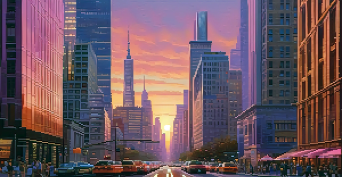 A vibrant city skyline at sunset with modern skyscrapers and traditional buildings, colorful sky, and a busy street.