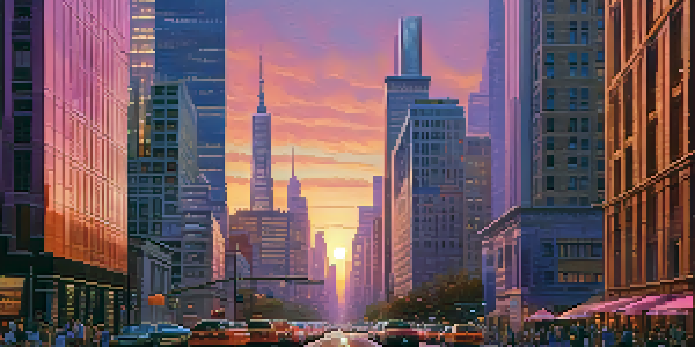 A vibrant city skyline at sunset with modern skyscrapers and traditional buildings, colorful sky, and a busy street.