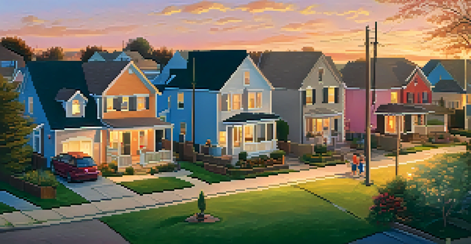 A suburban neighborhood at sunset with families enjoying the evening outside their homes.