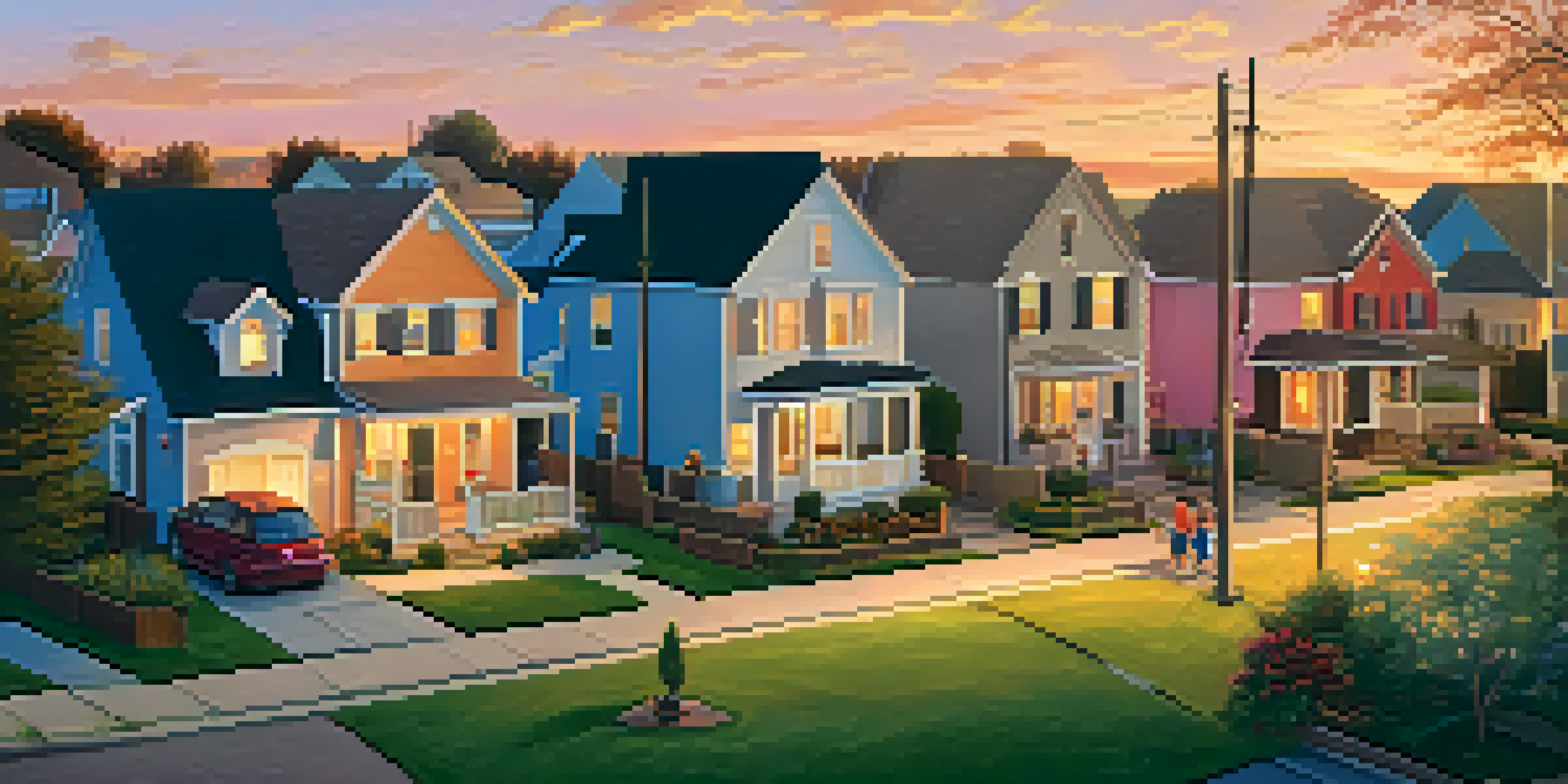 A suburban neighborhood at sunset with families enjoying the evening outside their homes.