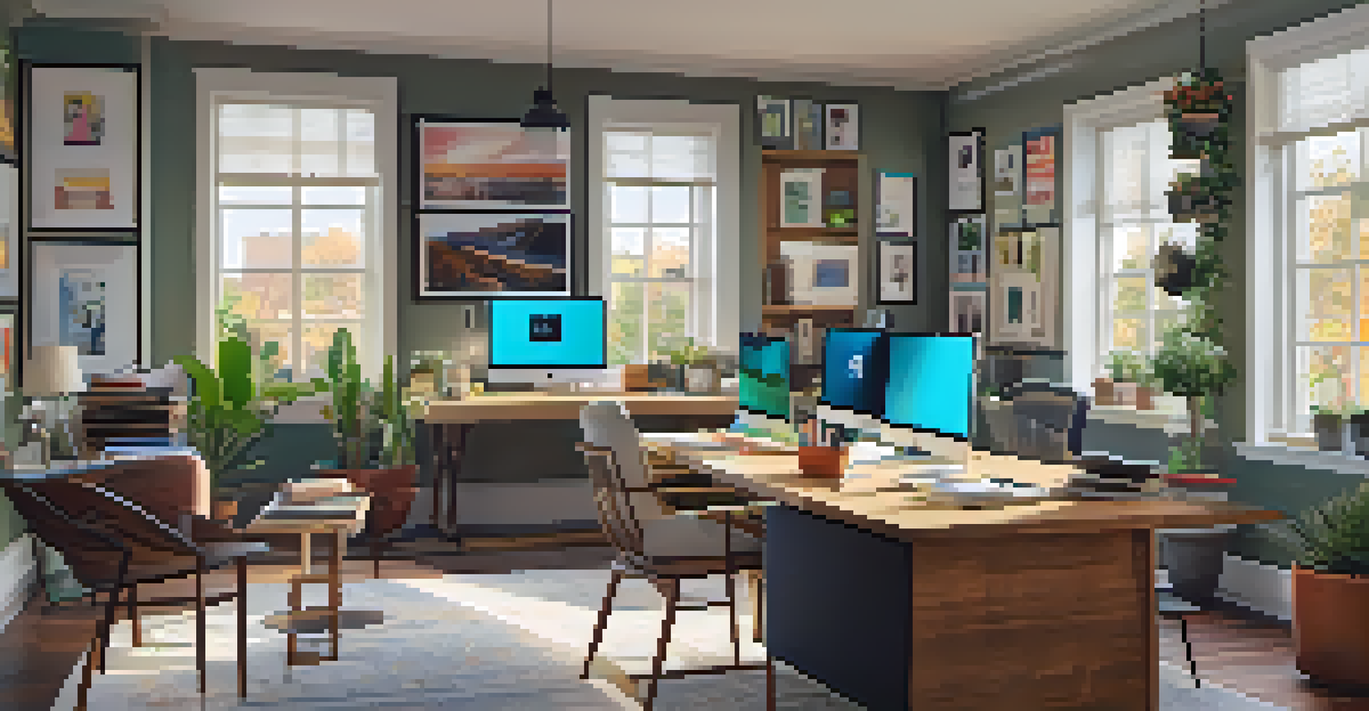 A shared home office space with a large table, laptops, and family photos, showcasing collaboration among different generations.