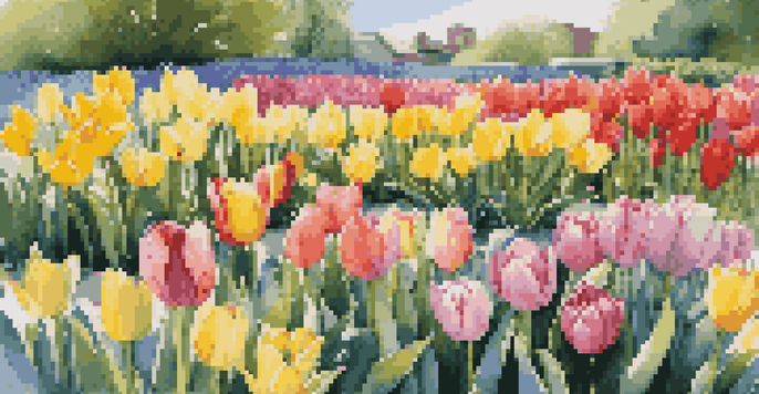 A colorful spring flower bed with tulips, daffodils, and hyacinths blooming in layers under a clear blue sky.