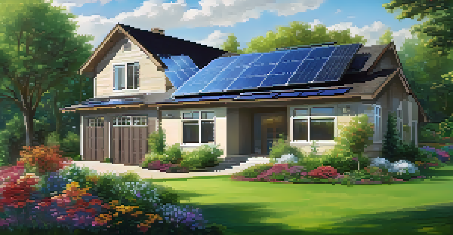 A modern home with solar panels and energy-efficient windows surrounded by a colorful garden under a bright blue sky.