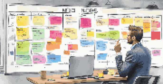 A person in a modern office pointing at a colorful marketing timeline on a wall calendar, with sticky notes and a laptop nearby.