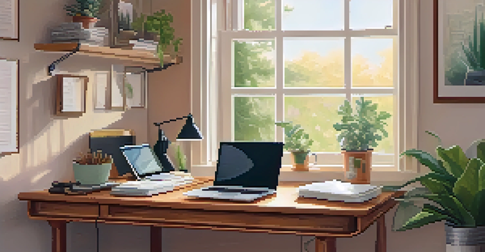 A warm and inviting home office scene featuring a wooden desk with a laptop, documents, and a cup of coffee, illuminated by natural light from a nearby window.