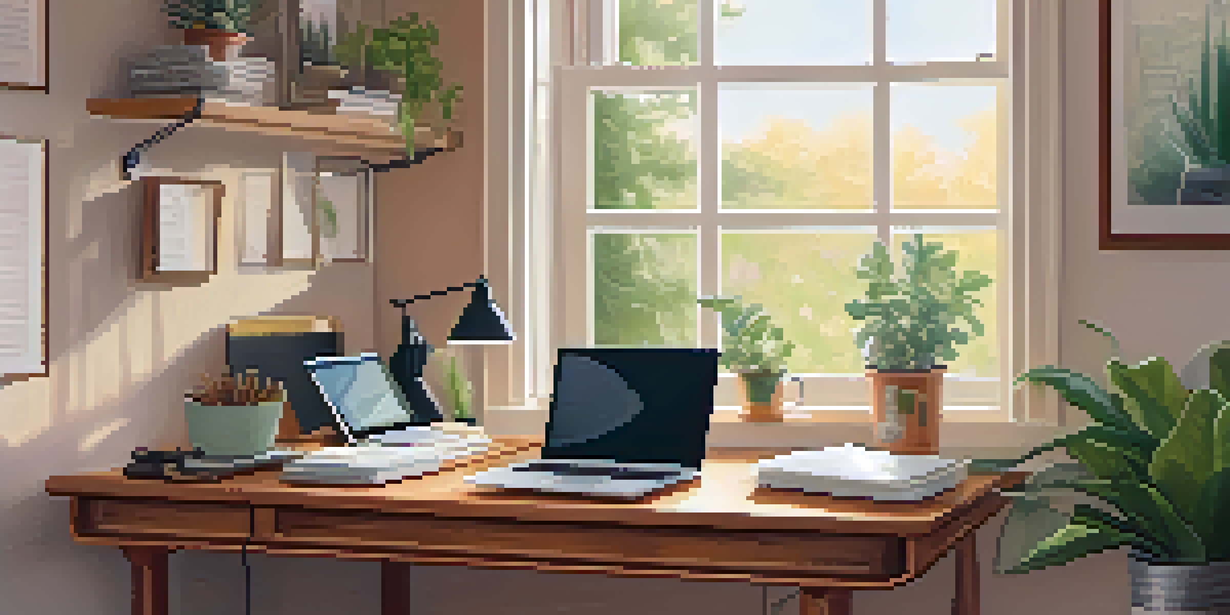 A warm and inviting home office scene featuring a wooden desk with a laptop, documents, and a cup of coffee, illuminated by natural light from a nearby window.