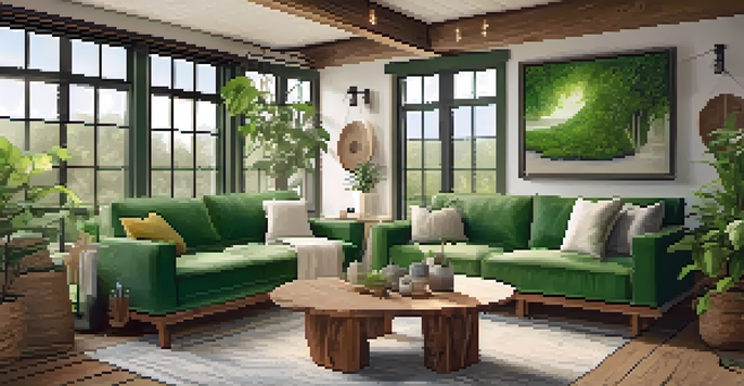 A cozy living room with eco-friendly furniture, low-VOC painted walls, and sunlight streaming through large windows, decorated with green plants.