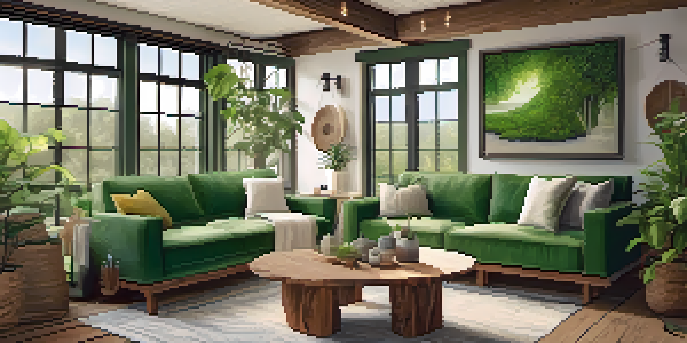 A cozy living room with eco-friendly furniture, low-VOC painted walls, and sunlight streaming through large windows, decorated with green plants.