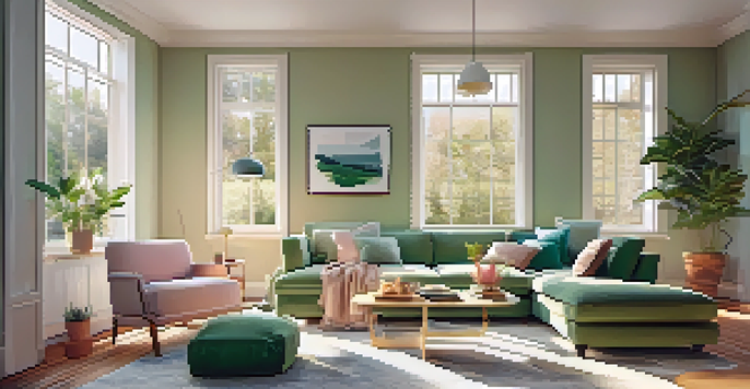 A bright and inviting living room with a comfortable sofa, sunlight streaming through a large window, and a potted plant in the corner.