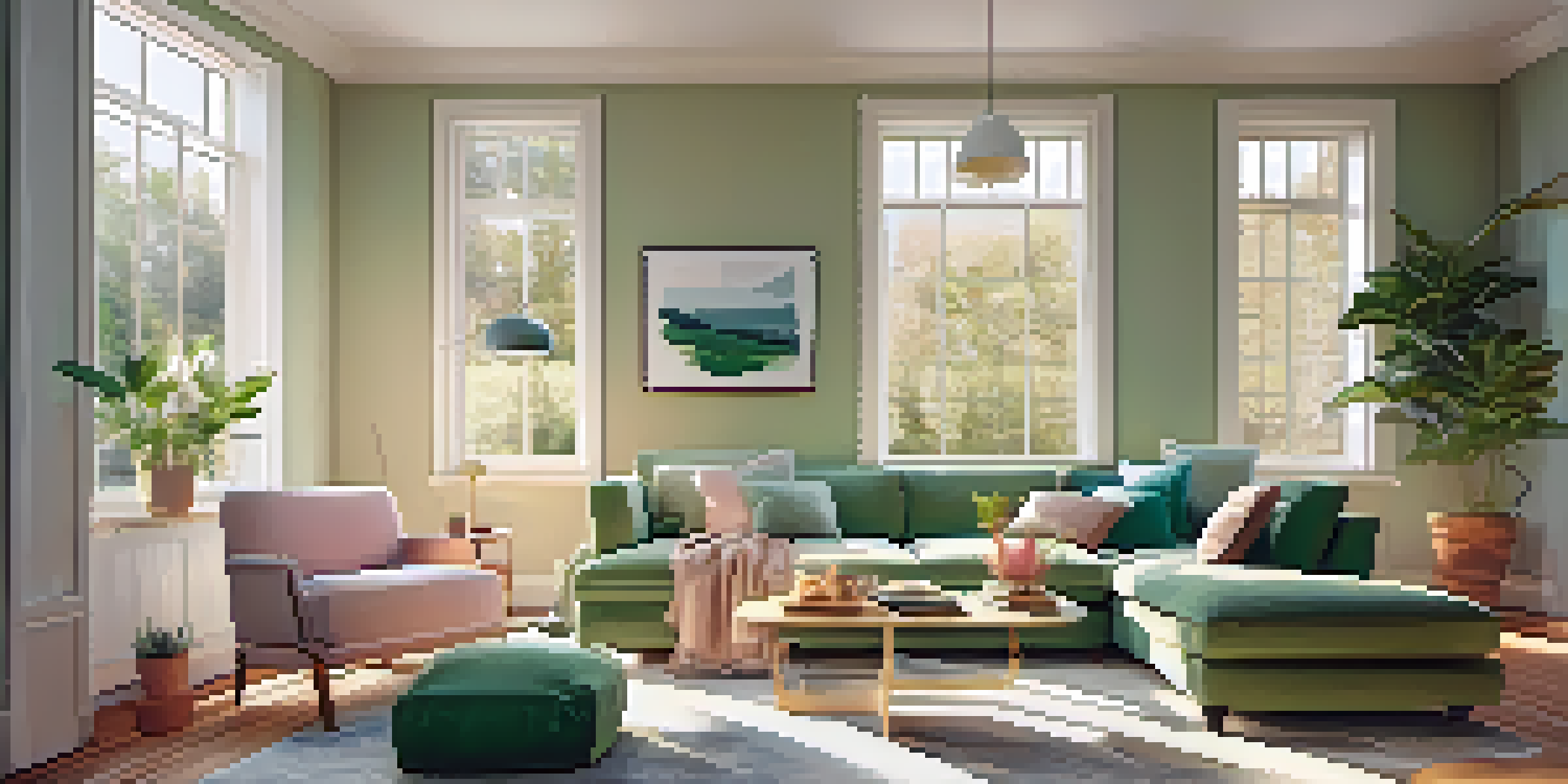 A bright and inviting living room with a comfortable sofa, sunlight streaming through a large window, and a potted plant in the corner.