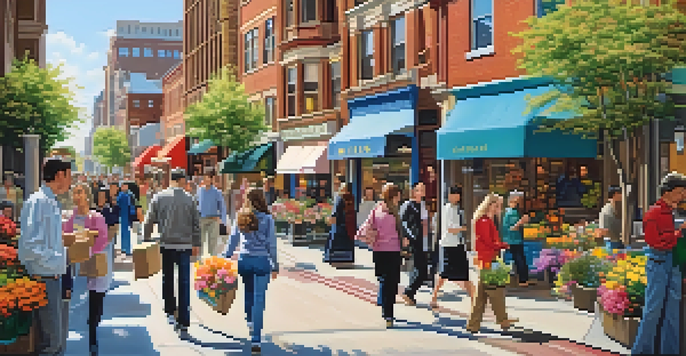 A vibrant urban street during spring, filled with families moving and flowers blooming, against a bright blue sky.