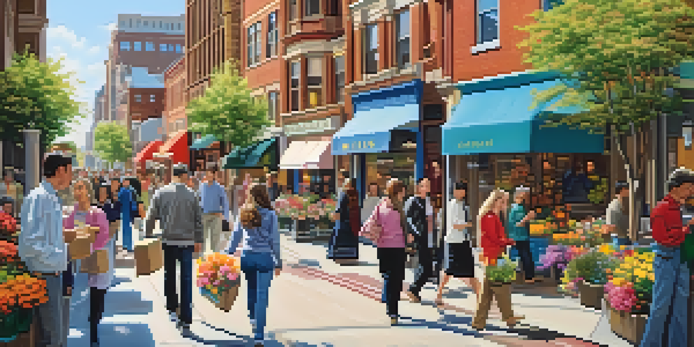 A vibrant urban street during spring, filled with families moving and flowers blooming, against a bright blue sky.