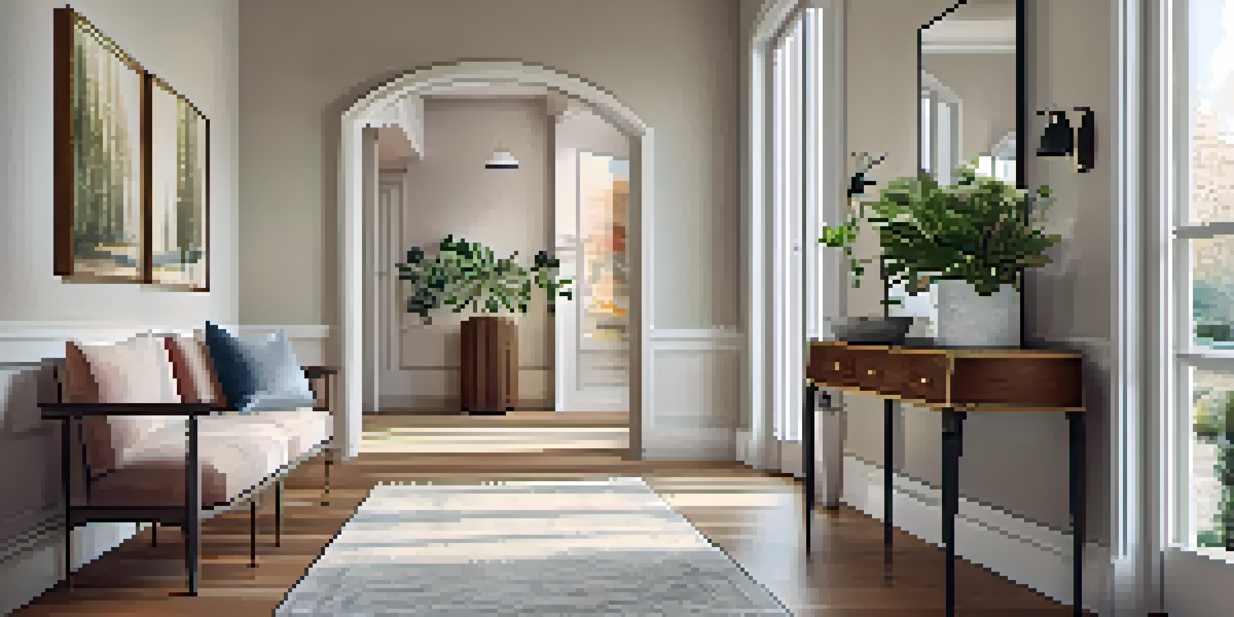 A bright entryway with a large frameless mirror and a console table decorated with plants and a vase.