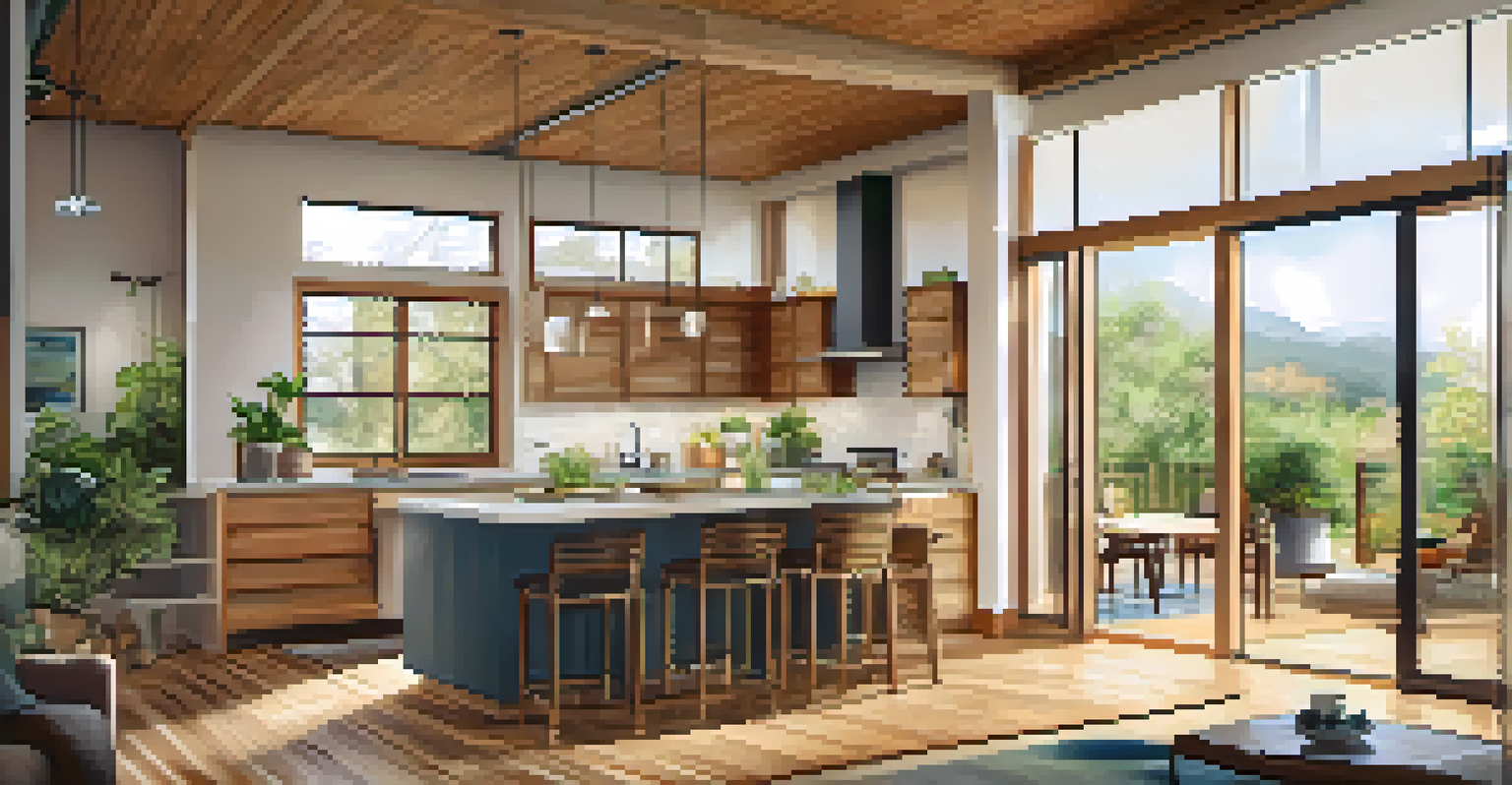 Interior view of a sustainable home with bamboo flooring, large windows, and energy-efficient appliances, designed with natural colors.