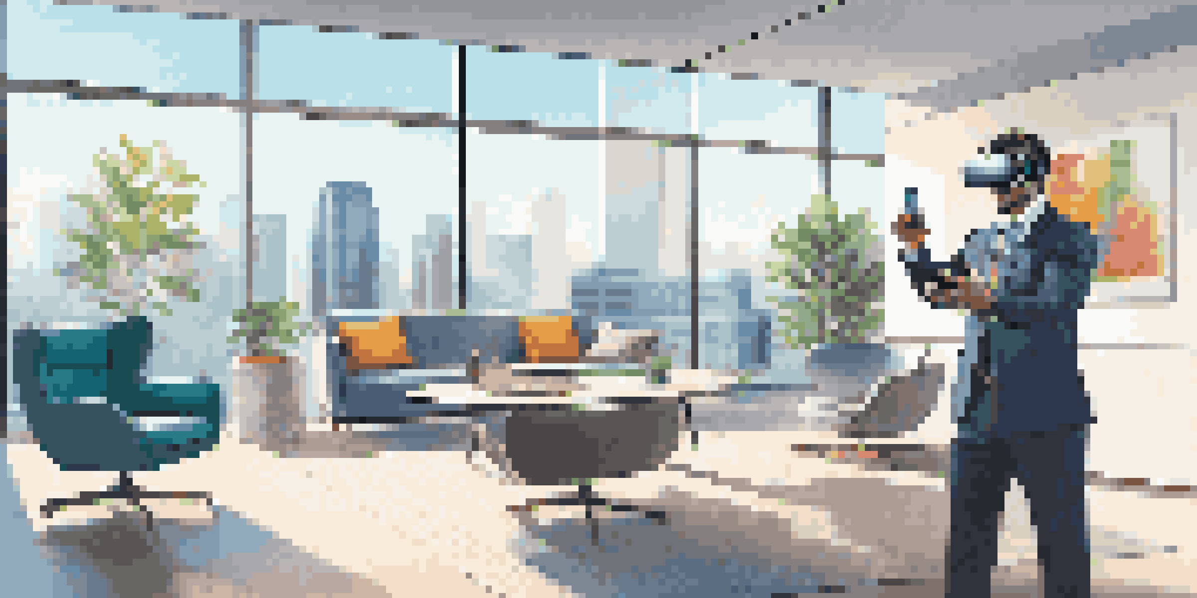 A real estate agent wearing a virtual reality headset in an office environment, interacting with virtual property displays.