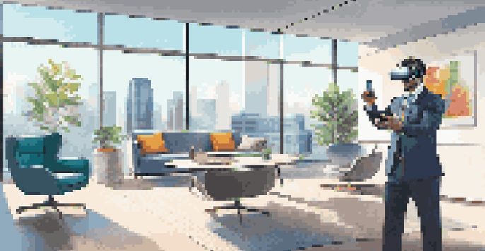 A real estate agent wearing a virtual reality headset in an office environment, interacting with virtual property displays.