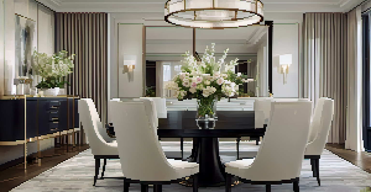 An elegant dining area with a large modern statement mirror above the dining table, enhancing the room's decor.