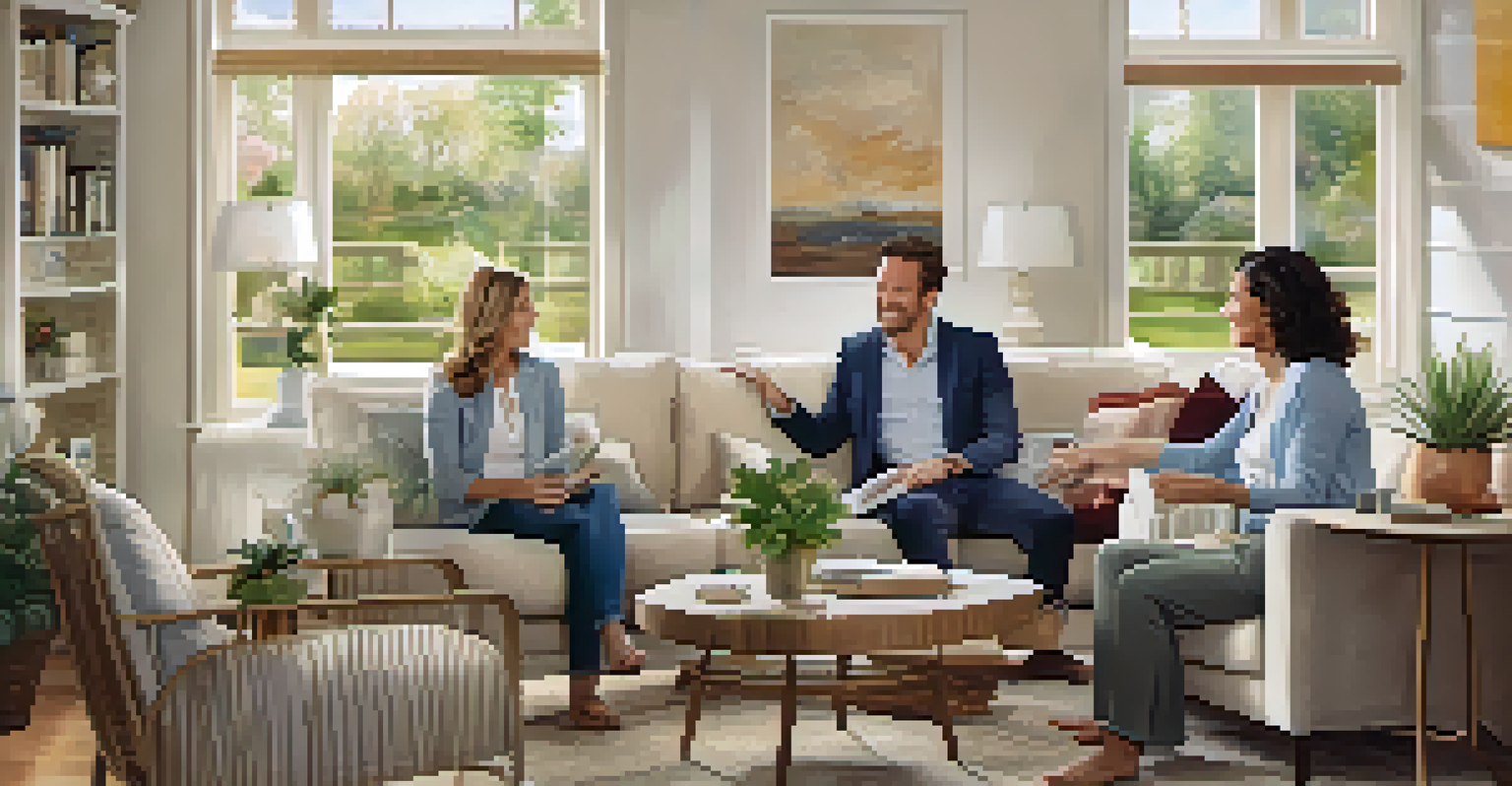 A real estate agent discussing a property with two clients in a cozy living room.