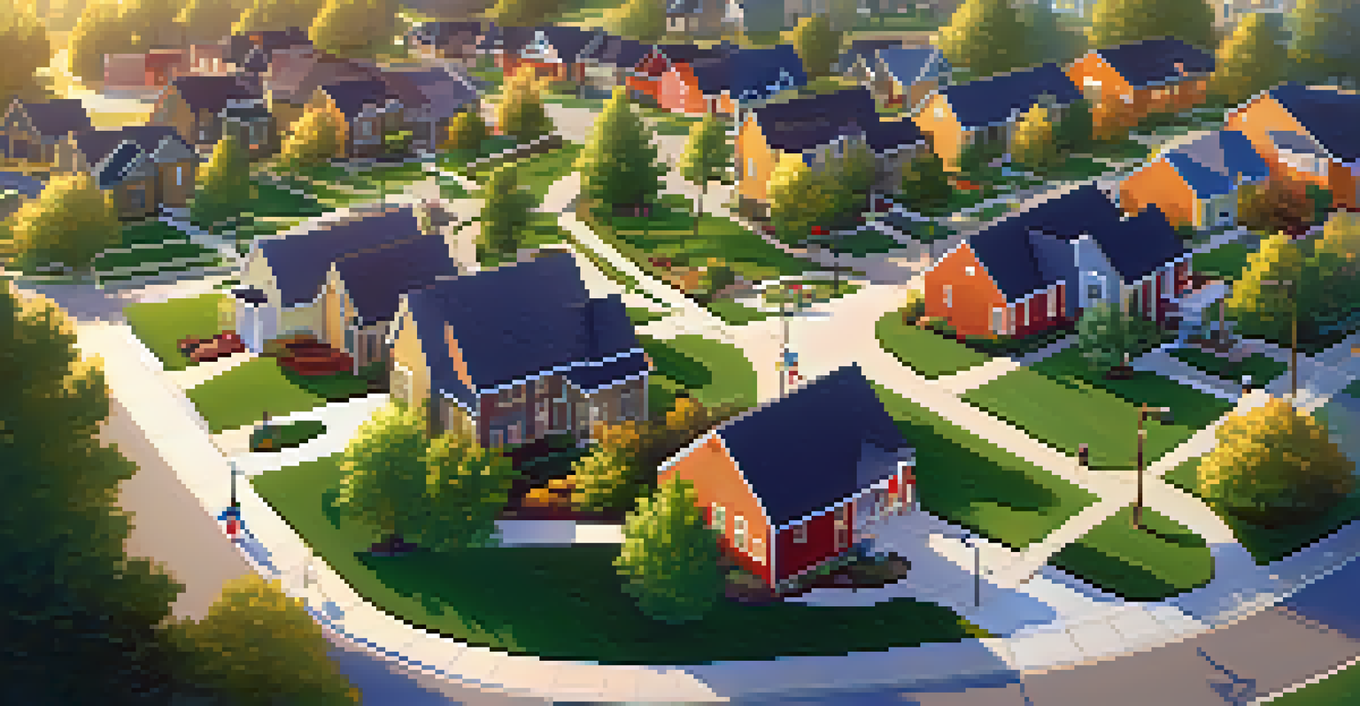 Aerial view of a suburban neighborhood with a new park, families playing, and houses under warm golden hour light.
