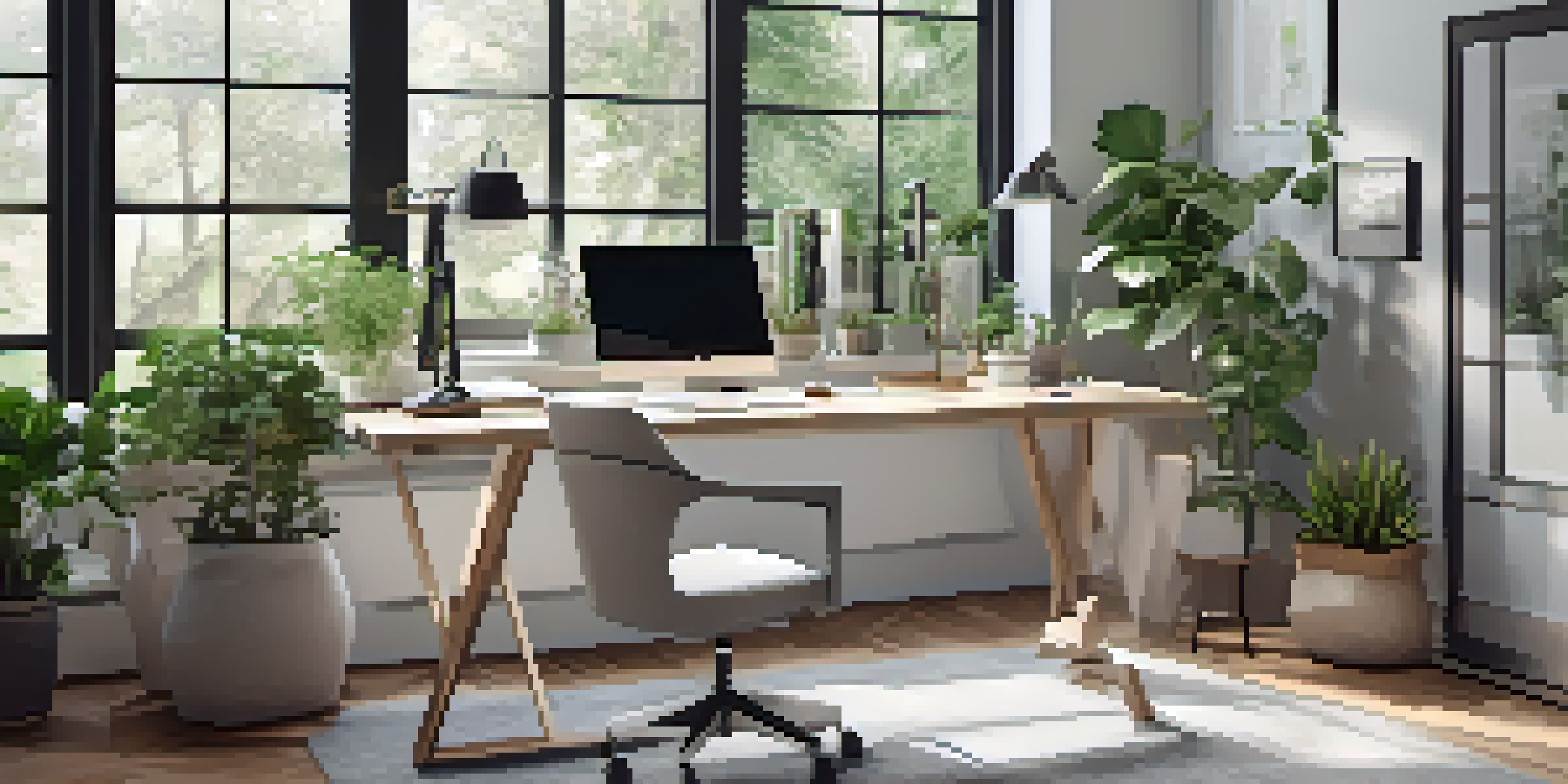 A well-designed home office with an ergonomic chair, adjustable desk, and high-resolution monitor, illuminated by natural light and decorated with plants.