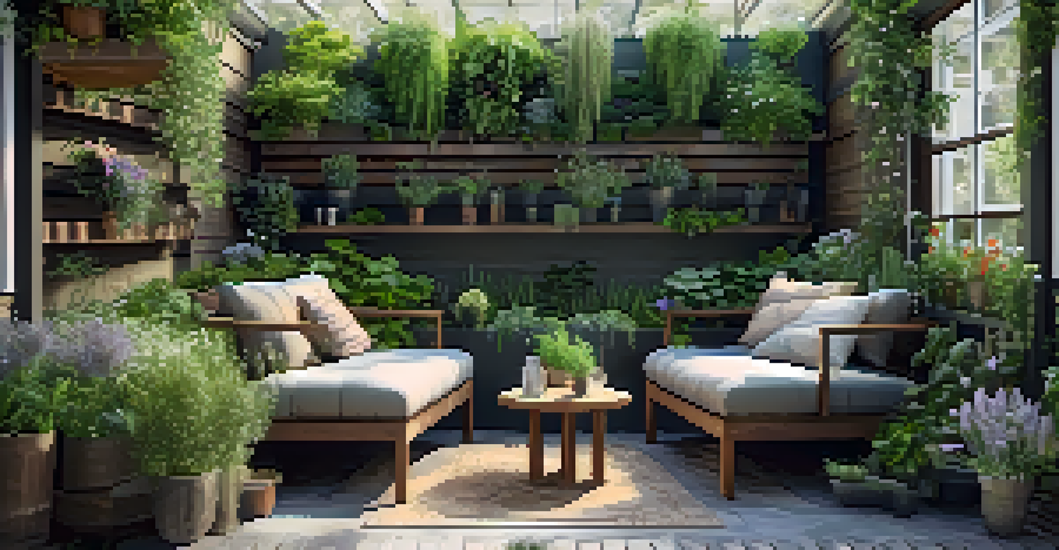 A cozy outdoor seating area next to a lush vertical garden with herbs and flowers.