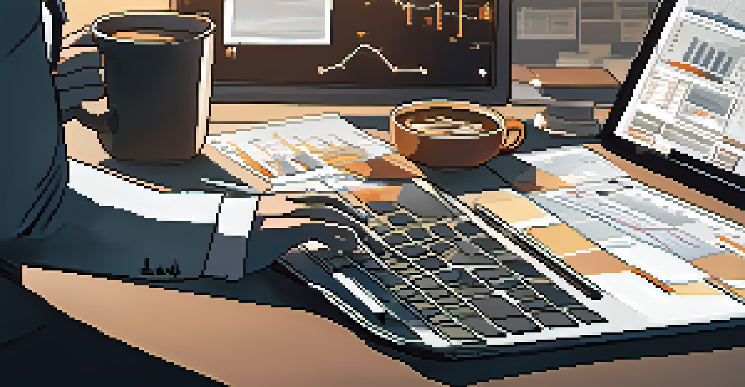 A financial analyst's hands on a laptop with charts and reports on the desk.