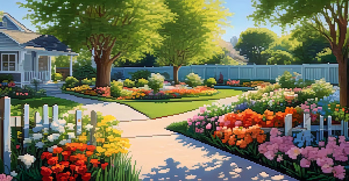 A vibrant spring garden filled with blooming flowers and pruned trees under a sunny blue sky.