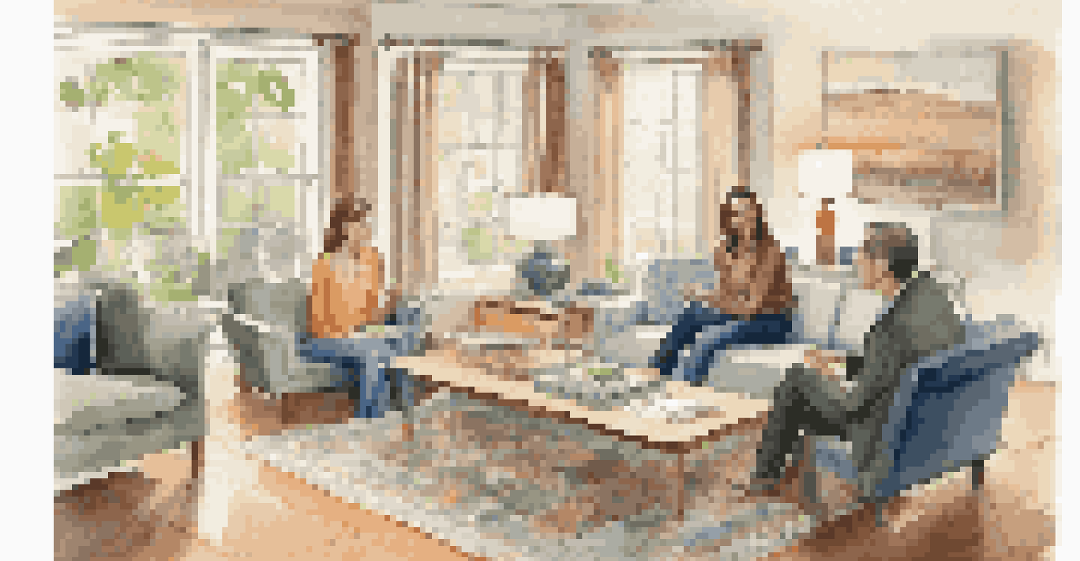 A home inspector discussing findings with a couple in a bright and inviting living room.