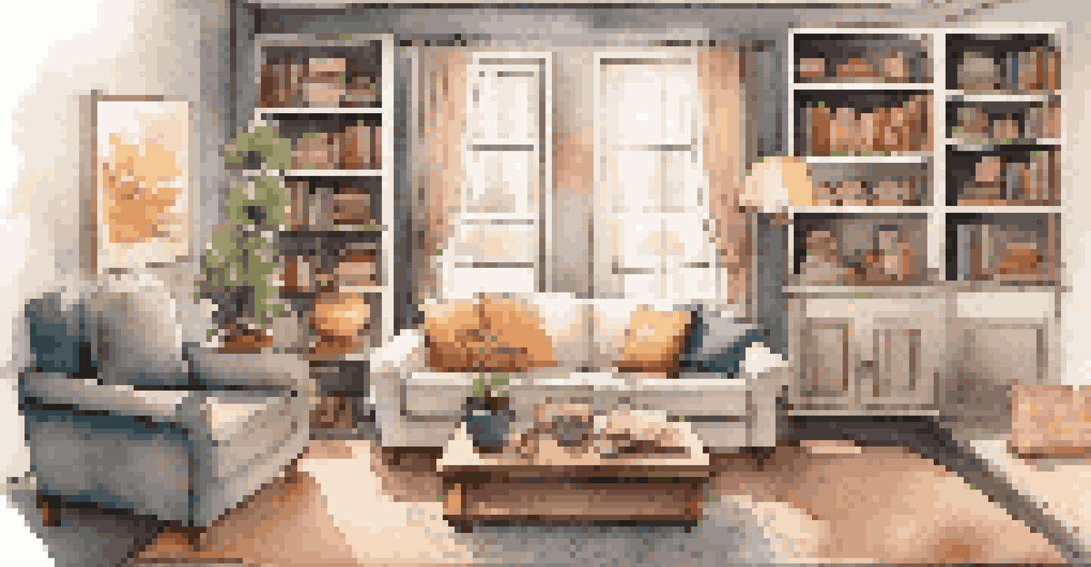 A tidy living room with a cozy sofa, bookshelves, and warm lighting.