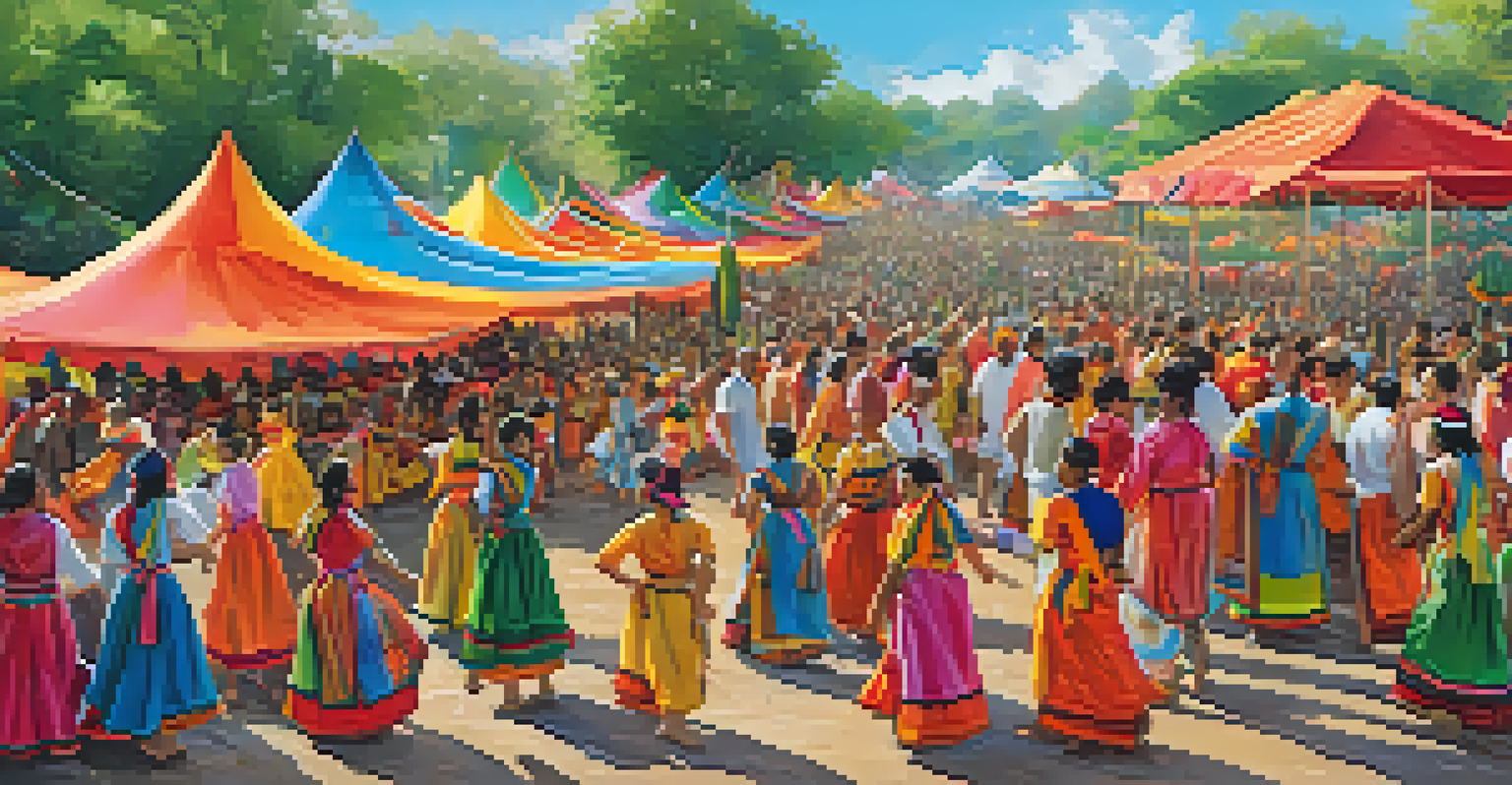 A colorful cultural festival in a park with diverse people enjoying food, music, and dance, showcasing traditional clothing and decorations.